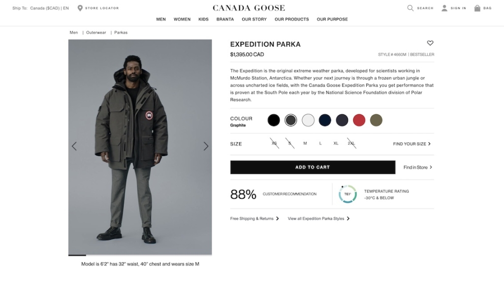Male model in video clip showing off down winter coat from Canada Goose