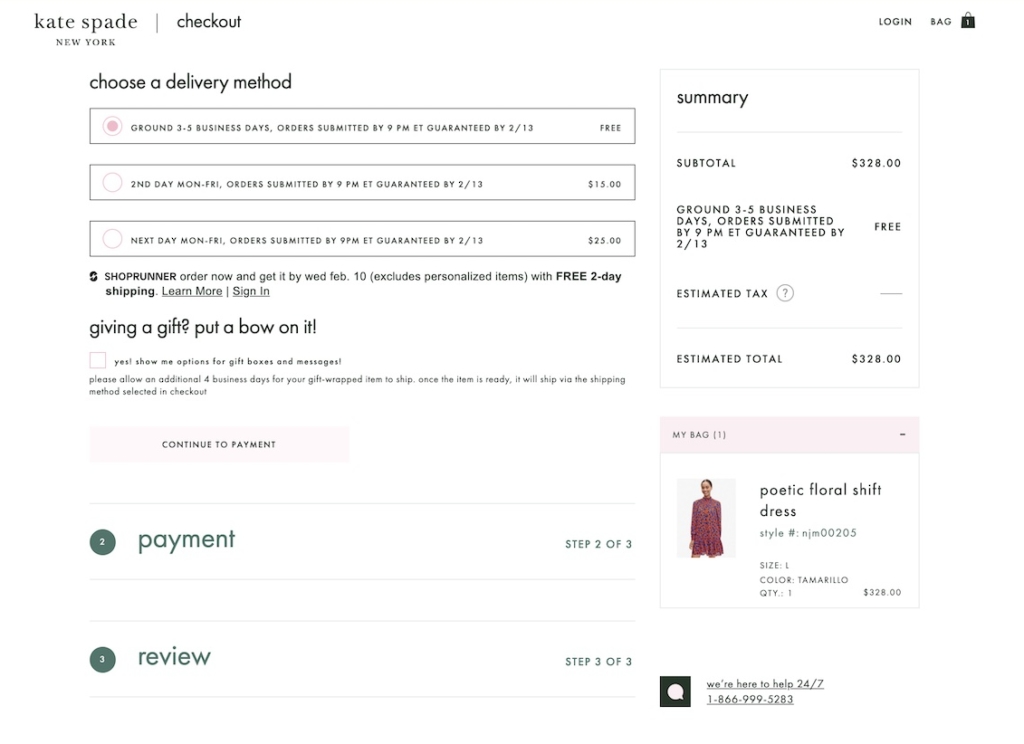Kate Spade checkout page showing simple fields and easy gift option