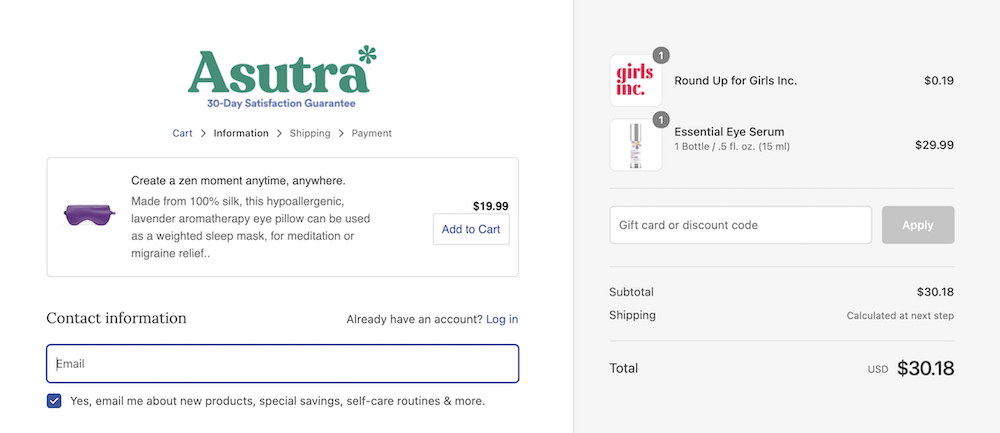 The Asutra site showing an offer for a face mask at checkout