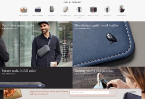 Landing page of bellroy.com, handbag retailer, showing email sign up option