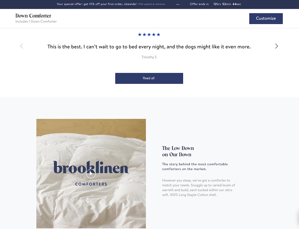 Product page showing Brooklinen sheets with product reviews in the middle of the page