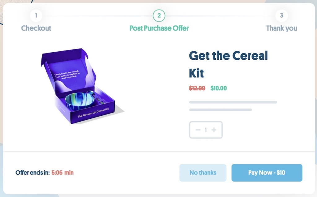 Example mock-up of CartHook offer for a post-purchase item (a cereal bowl) with a countdown timer and discount