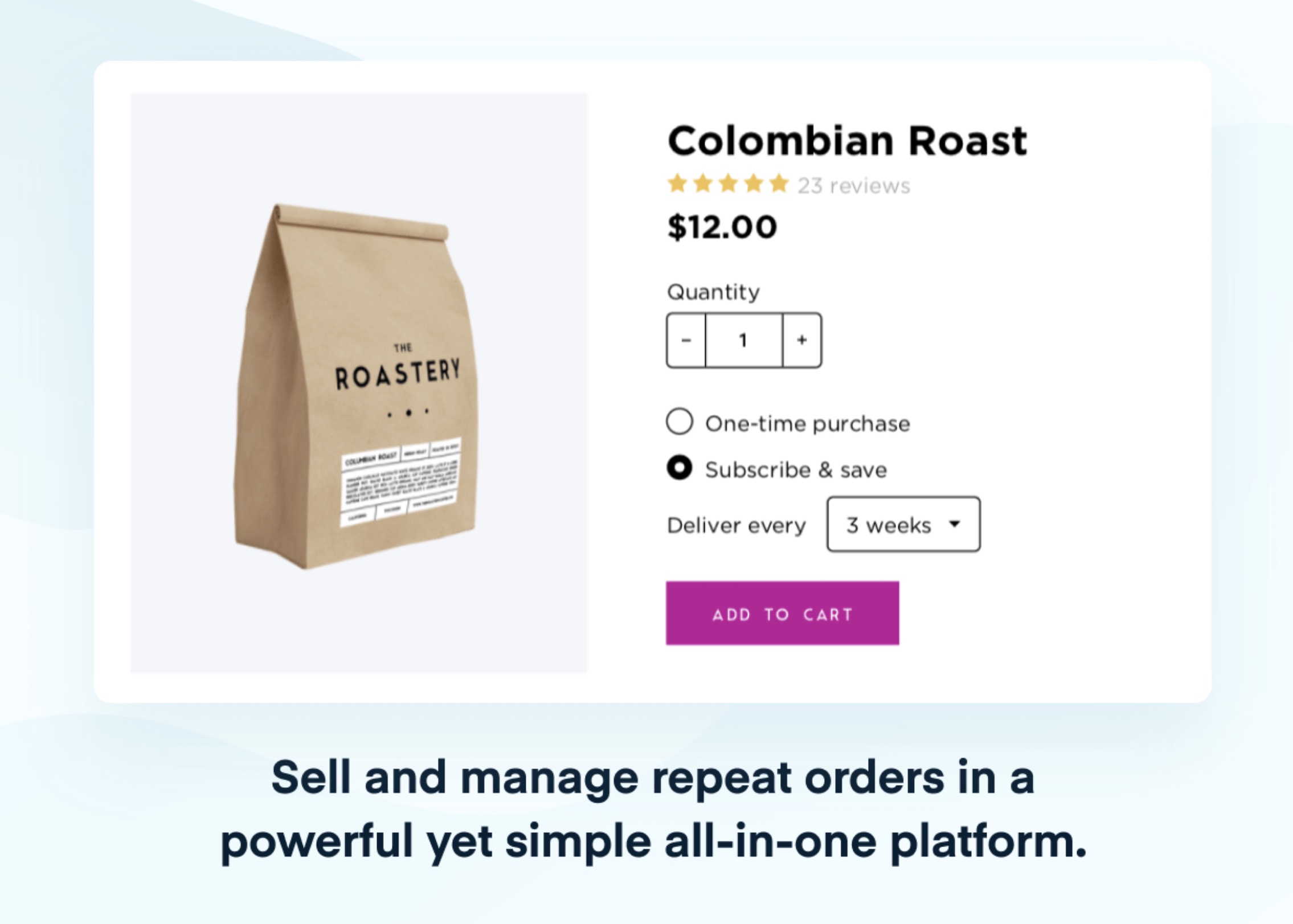 Photo showing a bag of coffee beans with option to subscribe to bean delivery every three weeks