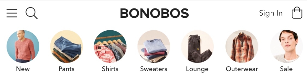 Screenshot of Bonobos mobile header showing icons for product categories, i.e. New, Pants, Shirts, etc.