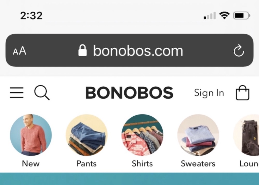 Screen cap of the Bonobos online store navigation from iPhone