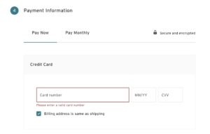 Joybird site says invalid credit card before customer enters a single number