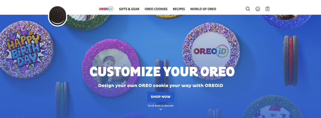 Oreo home page with headline Customize Your Oreo surrounded by Oreo cookies with different colors, wording and photos