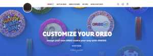 Oreo home page with headline Customize Your Oreo surrounded by Oreo cookies with different colors, wording and photos