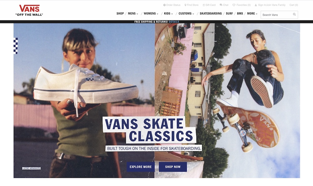 Vans home page gives people an experience by offering the option to explore the products or shop