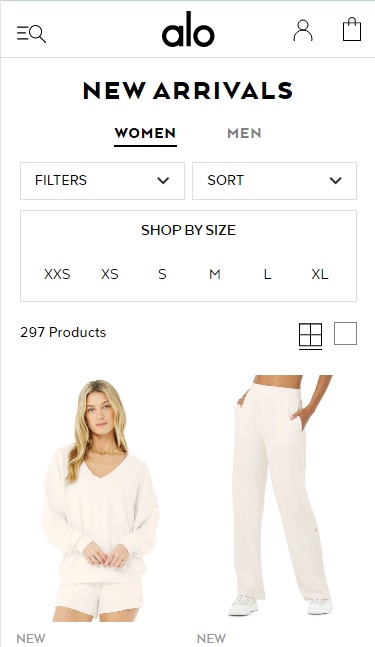 Alo Yoga site displays "Shop By Size" filter at the top of mobile page