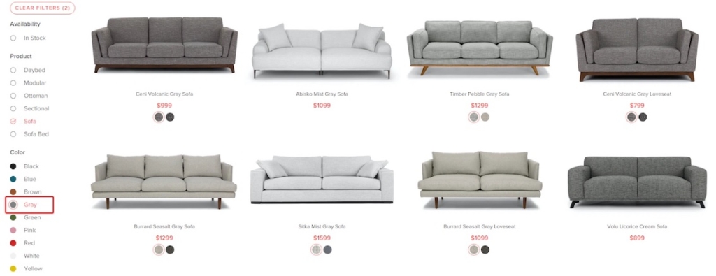 Joybird filters let people view couches by style and color