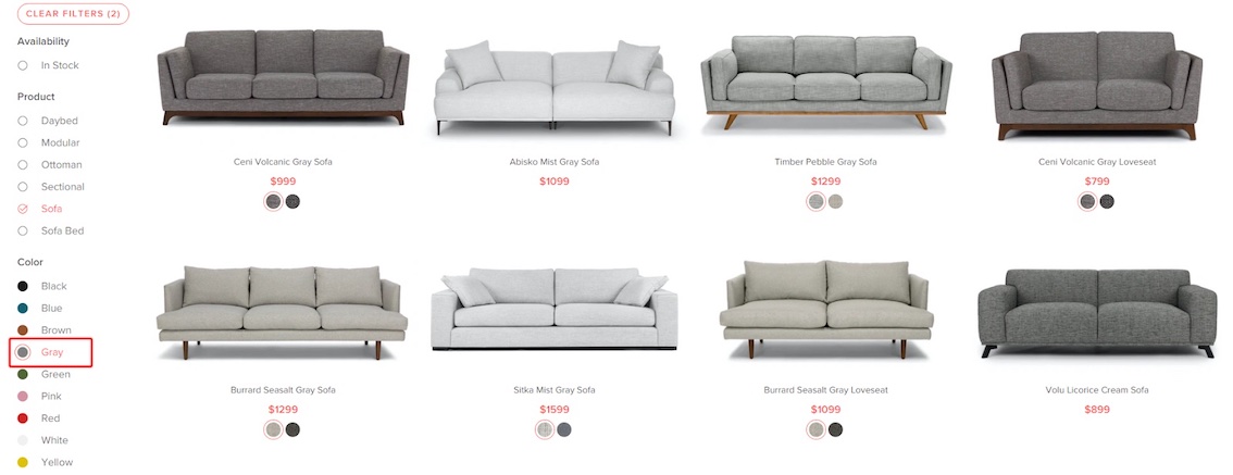 Article filters let people view couches by style and color