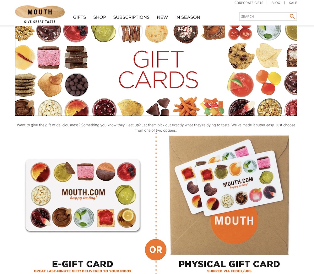 Colorful image of various foods promoting e-gift cards and physical gift cards