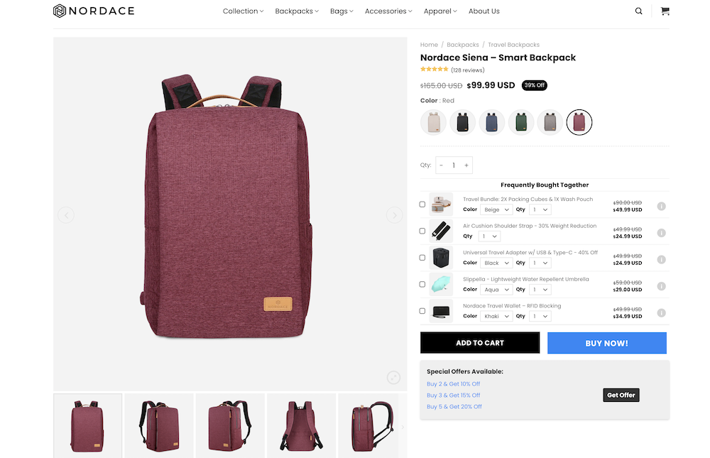 Nordace smart backpack showing various add-on product bundle recommendations