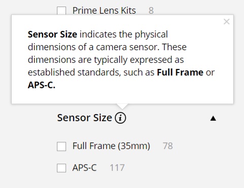 Example shows filters for cameras and a pop up box explaining the sensor size filter