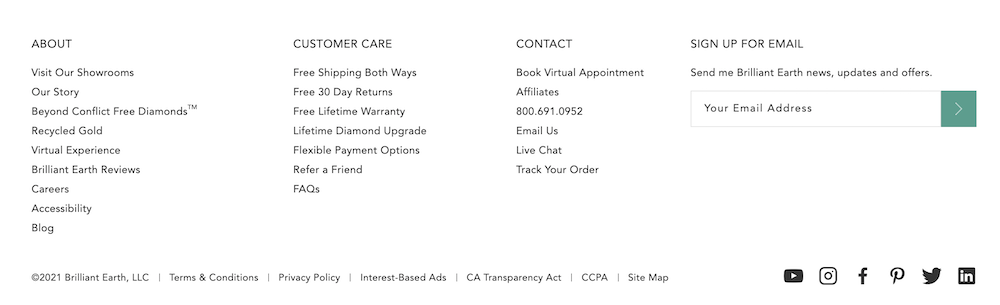 Website footer from Brilliant Earth as discussed in video
