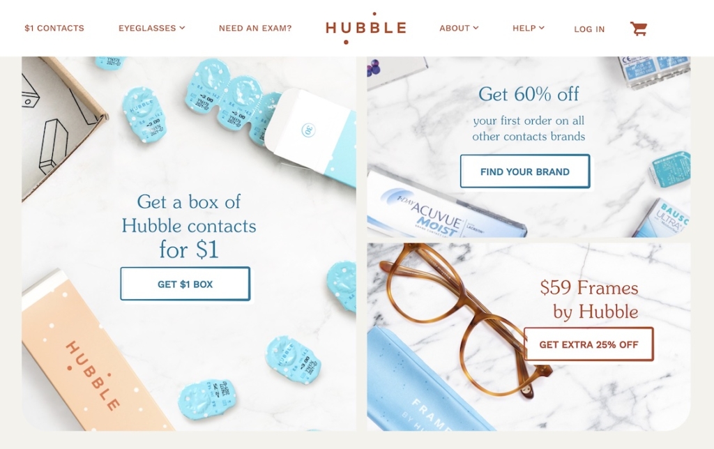 Hubble landing page showing three different types of promotions within static image (not a carousel)