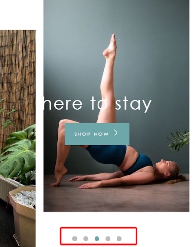 photo of woman in yoga pose wearing store's clothing. Ellipsis show users they can keep scrolling through carousel