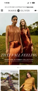 Mobile homepage of Marie Oliver showcasing the October collection featuring two models in sequined dresses, emphasizing fall fashion. Additional sections promoting dresses and knits from the collection are visible below.