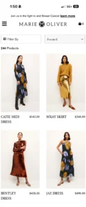 Mobile view of the Marie Oliver website showcasing the featured product page with four dresses, including the Catie Midi Dress, Wray Skirt, Bentley Dress, and Jae Dress, displayed in a minimalist layout with clear product pricing.