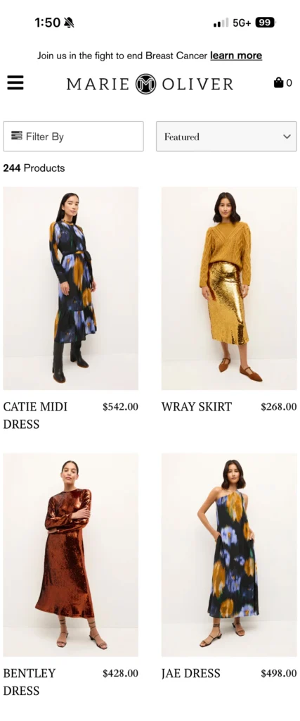 Mobile view of the Marie Oliver website showcasing the featured product page with four dresses, including the Catie Midi Dress, Wray Skirt, Bentley Dress, and Jae Dress, displayed in a minimalist layout with clear product pricing.