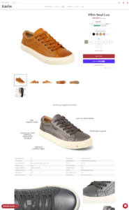 Taos Footwear product page displaying the Plim Soul Lux shoe in golden tan leather, with multiple views of the shoe, including side, top, bottom, and technical specifications. The shoe features details such as a soft padded collar, premium removable footbed, and tall rubber cupsole. Size options and pricing are shown, along with options to add to cart or buy with Shop Pay.
