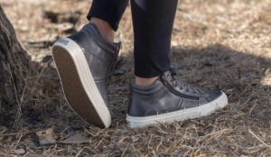 close up image of black shoes with white soles on a pair of feet