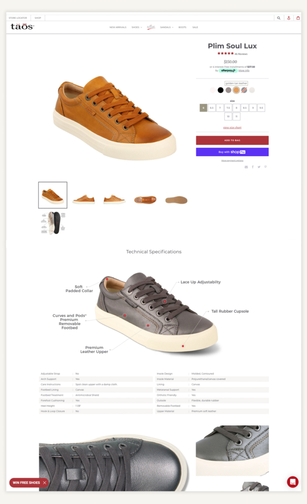 screenshot of web page showing tan sneaker with technical specifications at the bottom