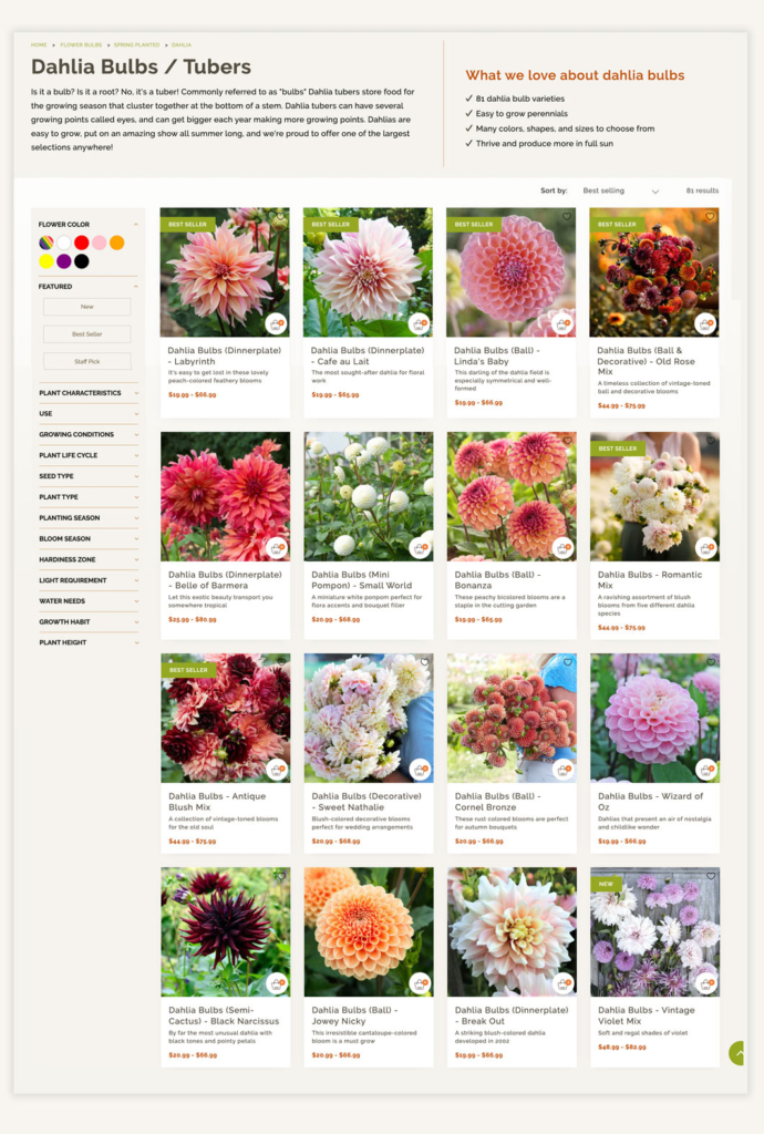 Screenshot of PLP page on website selling flowers
