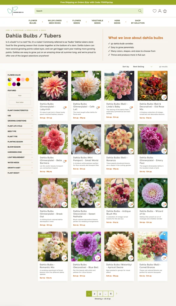 Product listing page for dahlia bulbs and tubers at Modern Seed Co., featuring various types of dahlia bulbs with images, prices, and brief descriptions. The page includes filtering options for color, plant characteristics, and growing conditions.