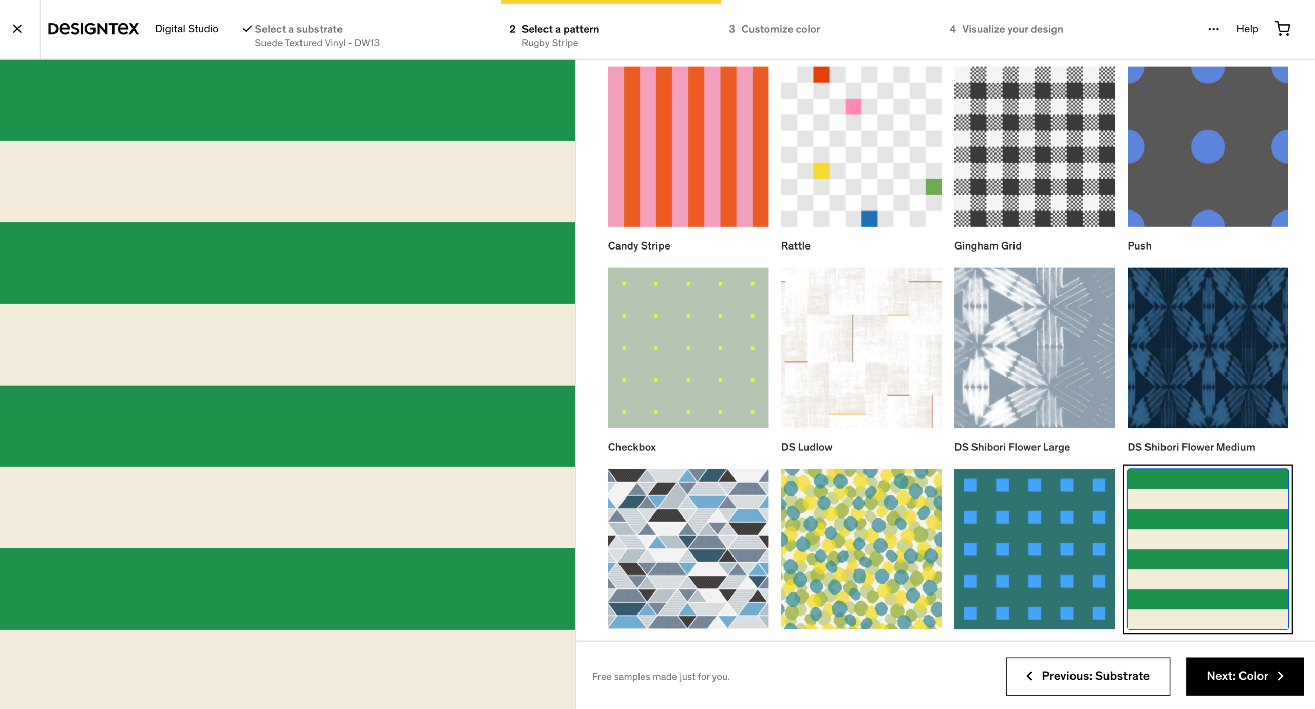 Visualizer showing a selection of upholstery fabric options for a chair, with various patterns such as stripes and geometric shapes displayed in a grid for customization at Designtex.