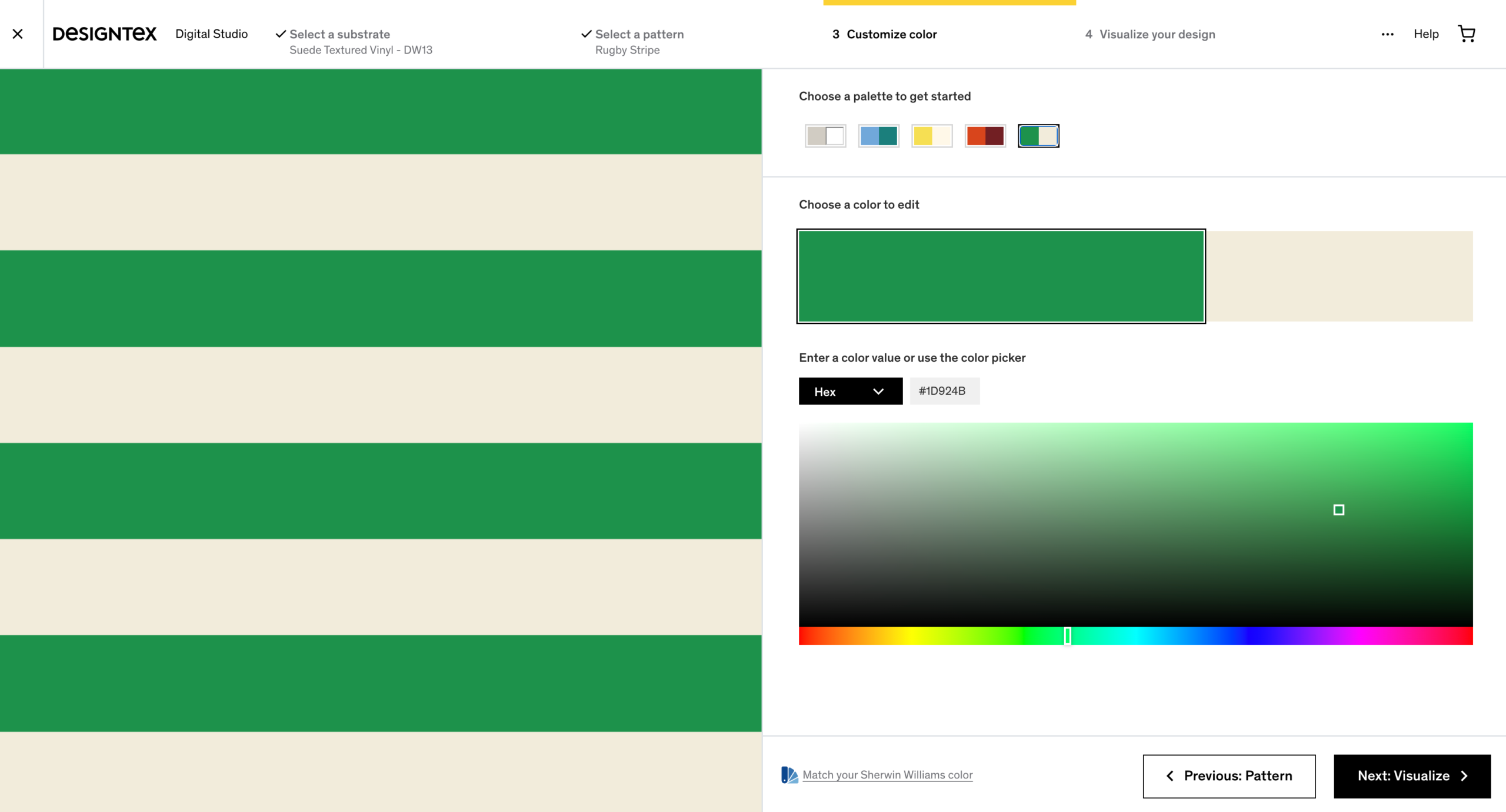 Designtex Digital Studio interface showing a customizable Rugby Stripe pattern on Suede Textured Vinyl substrate, with a green and cream stripe color scheme, color palette options, and a color picker for editing hues.