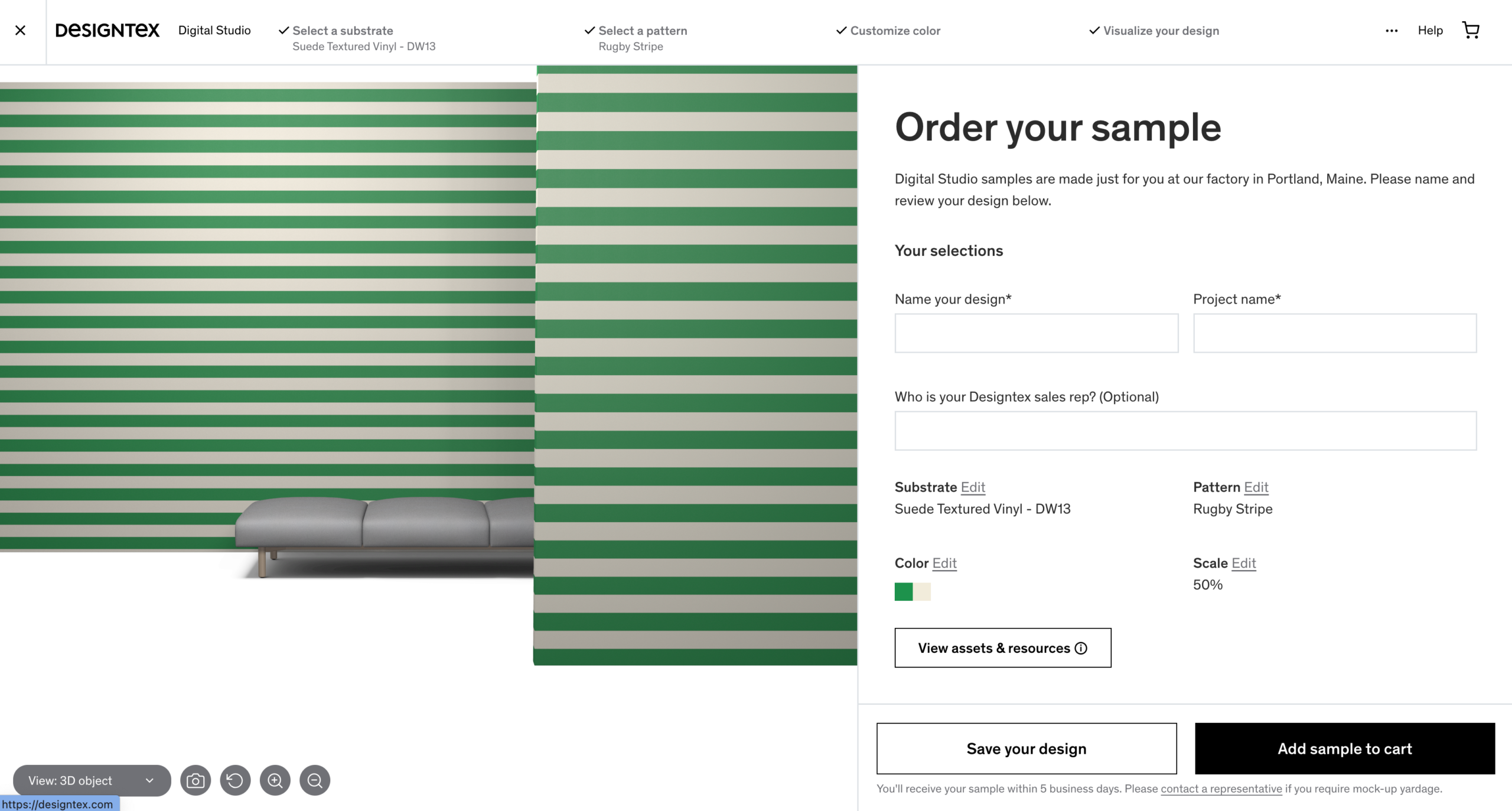 Designtex Digital Studio interface showing a custom-designed wallpaper pattern with green and cream rugby stripes displayed on a room wall. The interface provides options to name the design, choose a substrate, and edit pattern details, with a preview of the final design.