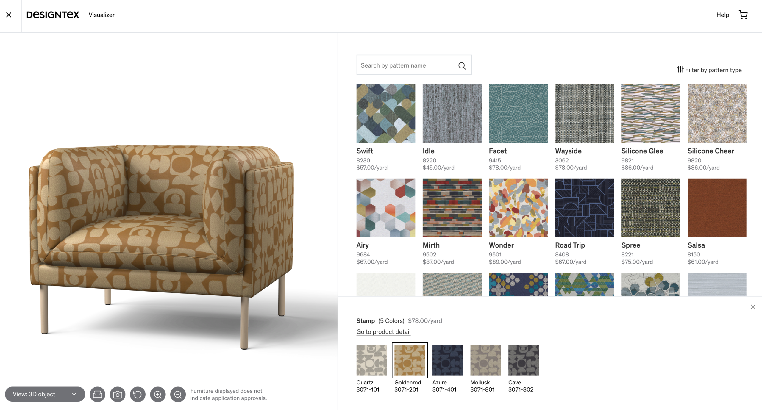 Fabric visualization tool showing a patterned chair upholstered in 'Goldenrod' from the 'Stamp' collection by Designtex. Various fabric swatches with pattern names and prices are displayed to the right, allowing users to explore different fabric options for furniture upholstery.