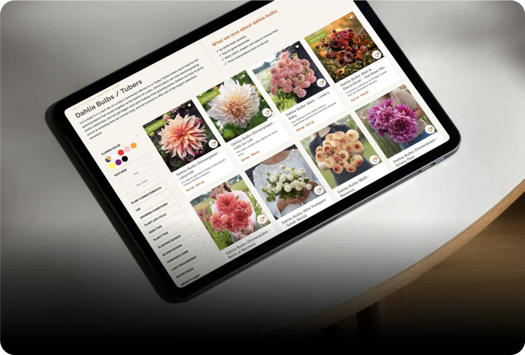 Image of an ipad on a table with a website that sells dahlia tubers on it